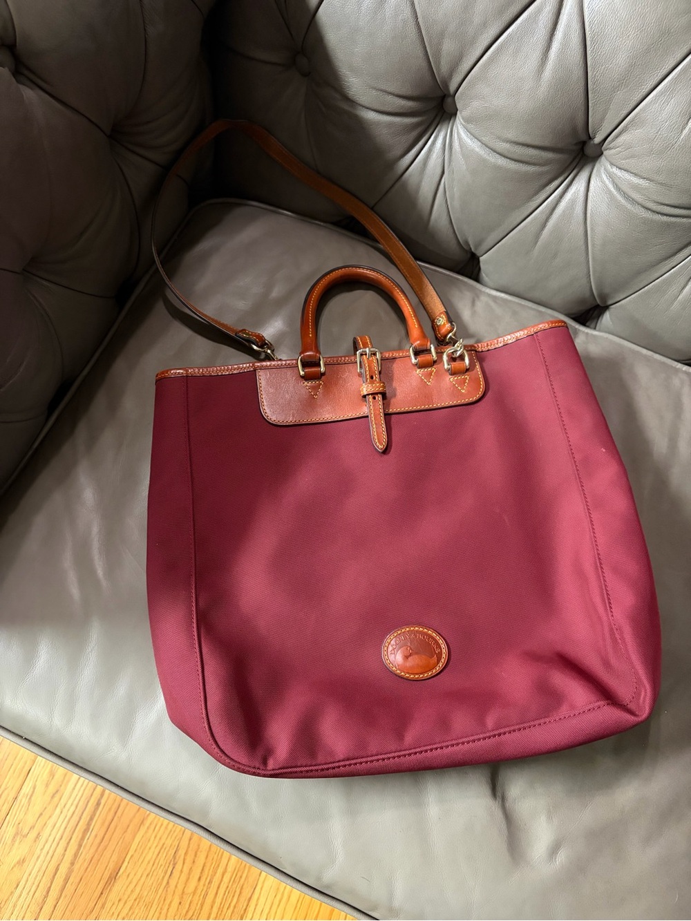 Dooney & Bourke Vintage Burgundy Nylon Editor’s Tote with Leather Trim Straps